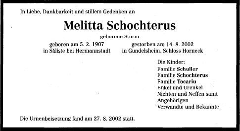 Sturm Melitta 1907-2002 Todesanzeige